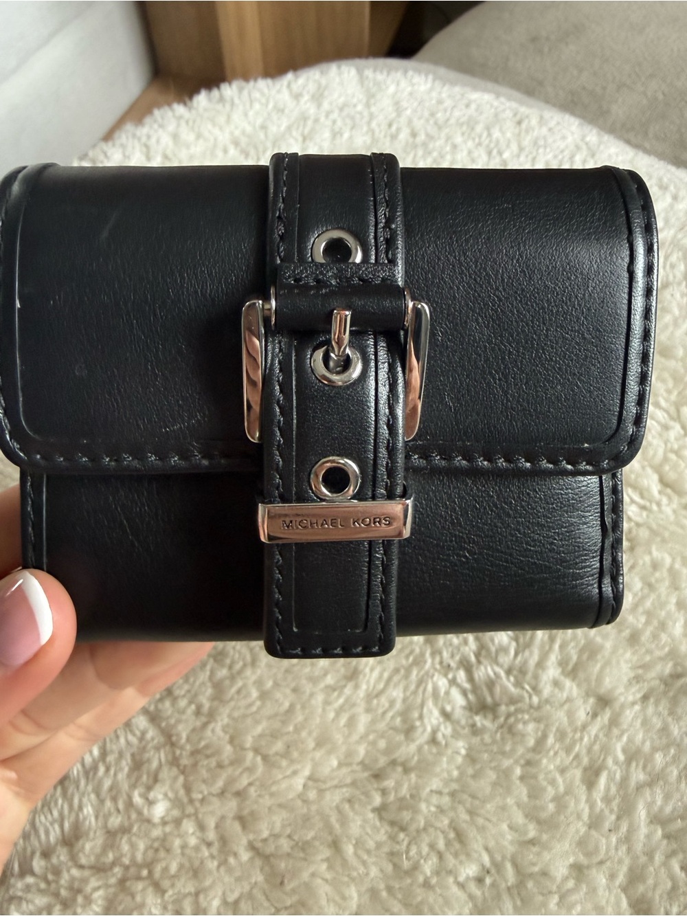 Michael Kors Black Leather Buckle-Front Compact Wallet